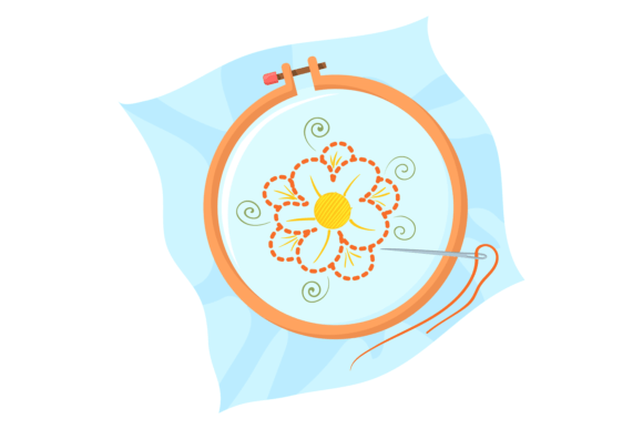 Embroidery Cartoon Icon Flower on Sewing Hoop