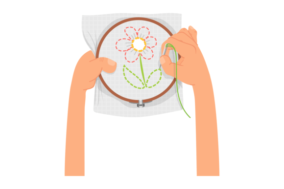 Embroidery Craft. Hands Sewing Flower Pa